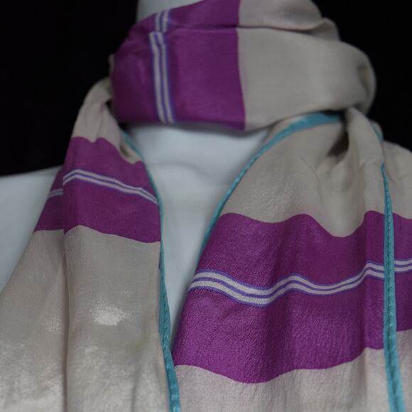Vtg Evan Picone Designer Scarf Pink Plum Turquoise Strips Semi-Sheer 10"x51.5" - Picture 2 of 8